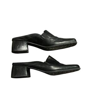 Naturalizer Leather Women's Black Square Toe Block Heel Slip On Mules Sz 9.5